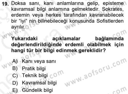 Etik Dersi Ara Sınavı Deneme Sınav Soruları 19. Soru