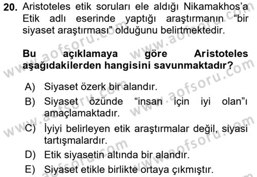 Etik Dersi Ara Sınavı Deneme Sınav Soruları 20. Soru