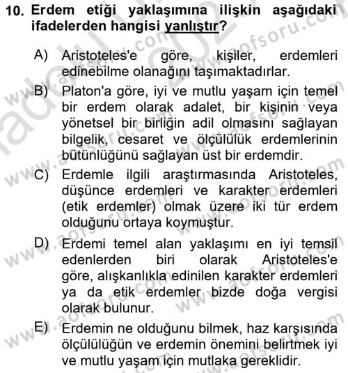 Etik Dersi Ara Sınavı Deneme Sınav Soruları 10. Soru
