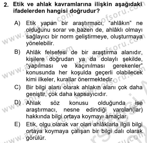 Etik Dersi Ara Sınavı Deneme Sınav Soruları 2. Soru
