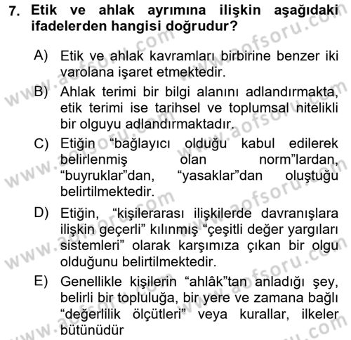 Etik Dersi 2023 - 2024 Yılı (Vize) Ara Sınav Soruları 7. Soru