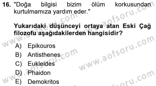 Etik Dersi Ara Sınavı Deneme Sınav Soruları 16. Soru