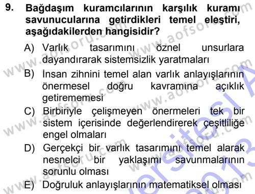 Epistemoloji Dersi 2012 - 2013 Yılı (Final) Dönem Sonu Sınav Soruları 9. Soru