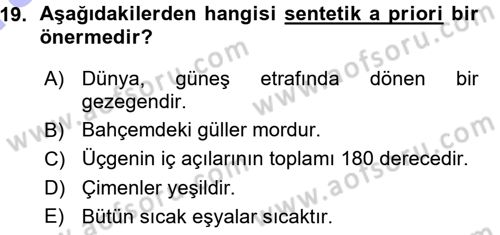 Epistemoloji Dersi 2015 - 2016 Yılı (Vize) Ara Sınav Soruları 19. Soru