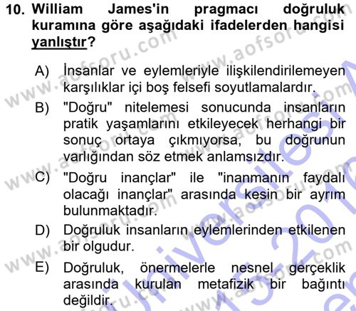 Epistemoloji Dersi 2015 - 2016 Yılı (Final) Dönem Sonu Sınav Soruları 10. Soru