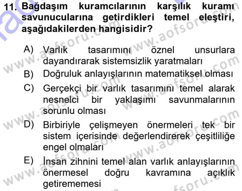 Epistemoloji Dersi 2015 - 2016 Yılı (Final) Dönem Sonu Sınav Soruları 11. Soru