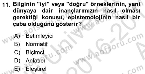 Epistemoloji Dersi 2016 - 2017 Yılı (Vize) Ara Sınav Soruları 11. Soru