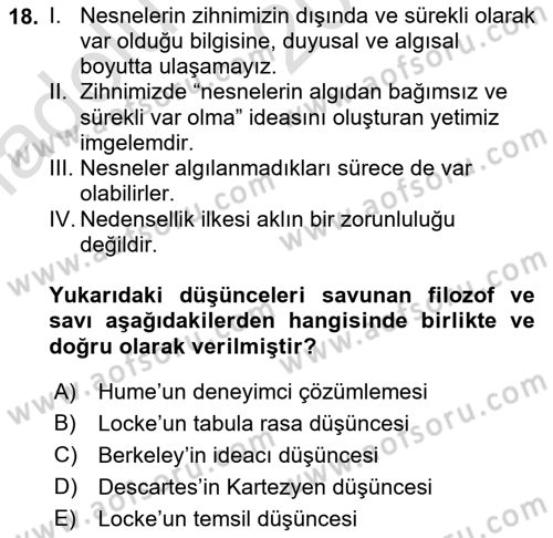 Epistemoloji Dersi 2016 - 2017 Yılı (Vize) Ara Sınav Soruları 18. Soru