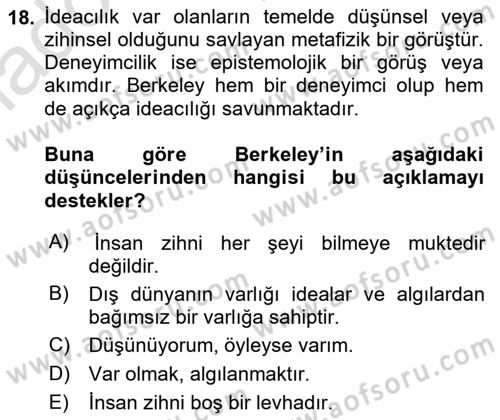 Epistemoloji Dersi 2017 - 2018 Yılı (Vize) Ara Sınav Soruları 18. Soru