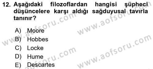 Epistemoloji Dersi 2018 - 2019 Yılı (Vize) Ara Sınav Soruları 12. Soru