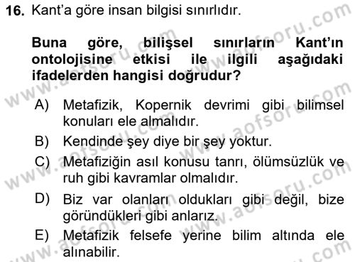 Epistemoloji Dersi 2018 - 2019 Yılı (Vize) Ara Sınavı 16. Soru