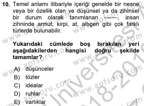 Epistemoloji Dersi 2018 - 2019 Yılı Yaz Okulu Sınav Soruları 10. Soru