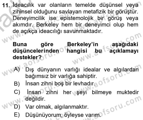 Epistemoloji Dersi 2018 - 2019 Yılı Yaz Okulu Sınav Soruları 11. Soru