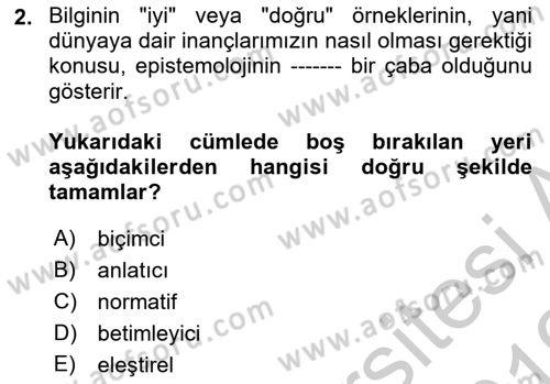 Epistemoloji Dersi 2018 - 2019 Yılı Yaz Okulu Sınav Soruları 2. Soru