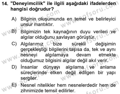 Epistemoloji Dersi 2019 - 2020 Yılı (Vize) Ara Sınavı 14. Soru