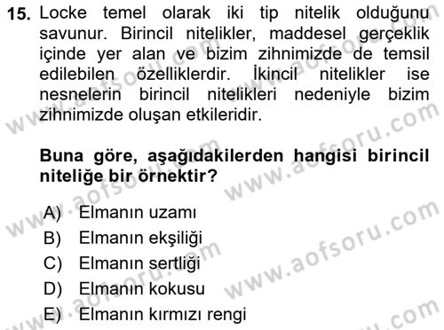 Epistemoloji Dersi 2019 - 2020 Yılı (Vize) Ara Sınavı 15. Soru