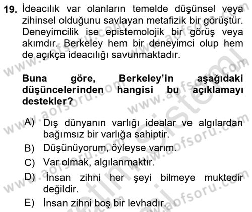 Epistemoloji Dersi 2019 - 2020 Yılı (Vize) Ara Sınavı 19. Soru