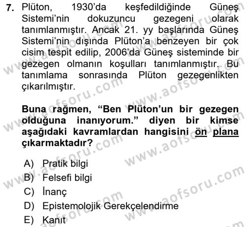 Epistemoloji Dersi 2019 - 2020 Yılı (Vize) Ara Sınavı 7. Soru