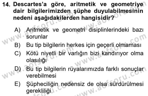 Epistemoloji Dersi 2021 - 2022 Yılı (Vize) Ara Sınav Soruları 14. Soru