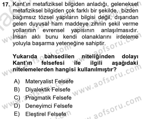 Epistemoloji Dersi 2021 - 2022 Yılı (Vize) Ara Sınav Soruları 17. Soru