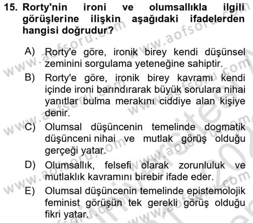 Epistemoloji Dersi 2021 - 2022 Yılı (Final) Dönem Sonu Sınav Soruları 15. Soru