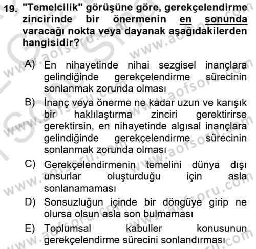 Epistemoloji Dersi 2021 - 2022 Yılı (Final) Dönem Sonu Sınav Soruları 19. Soru