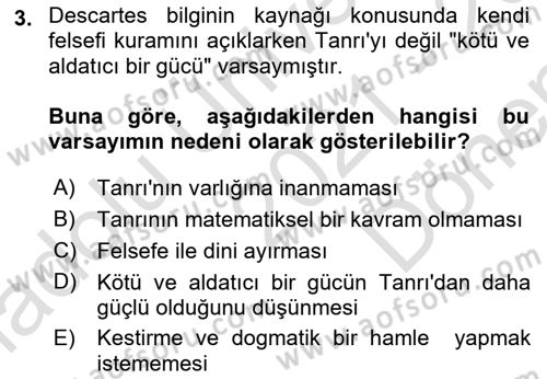 Epistemoloji Dersi 2021 - 2022 Yılı (Final) Dönem Sonu Sınav Soruları 3. Soru