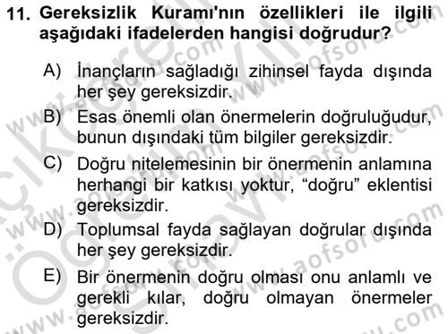 Epistemoloji Dersi 2021 - 2022 Yılı Yaz Okulu Sınav Soruları 11. Soru