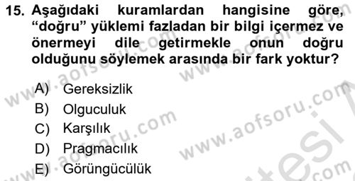 Epistemoloji Dersi 2021 - 2022 Yılı Yaz Okulu Sınav Soruları 15. Soru