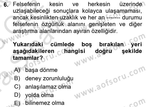 Epistemoloji Dersi 2022 - 2023 Yılı (Vize) Ara Sınav Soruları 6. Soru