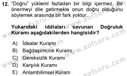 Epistemoloji Dersi 2022 - 2023 Yılı (Final) Dönem Sonu Sınav Soruları 12. Soru