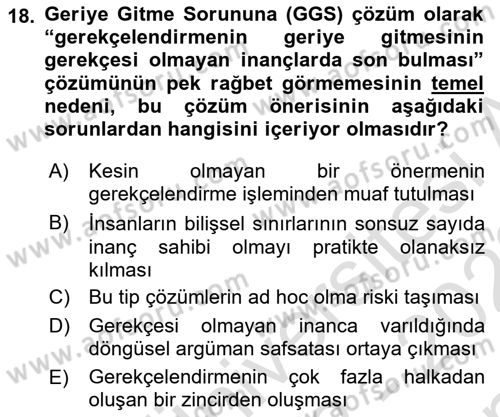 Epistemoloji Dersi 2022 - 2023 Yılı (Final) Dönem Sonu Sınav Soruları 18. Soru