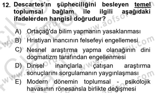 Epistemoloji Dersi 2023 - 2024 Yılı (Vize) Ara Sınav Soruları 12. Soru