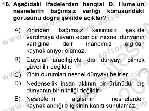 Epistemoloji Dersi 2023 - 2024 Yılı (Vize) Ara Sınav Soruları 16. Soru