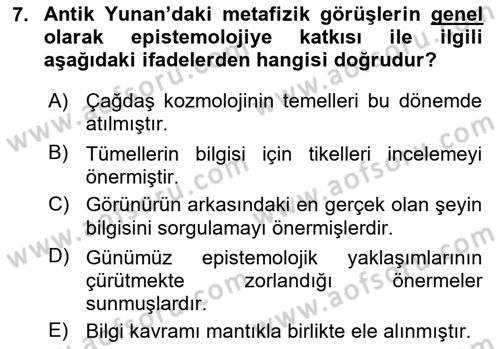 Epistemoloji Dersi 2023 - 2024 Yılı (Vize) Ara Sınav Soruları 7. Soru