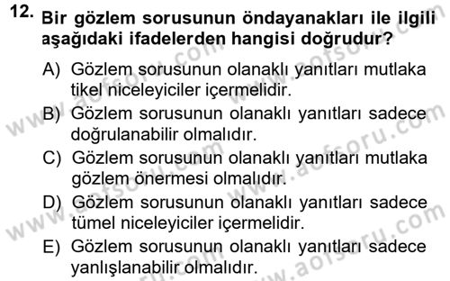 Bilim Felsefesi Dersi 2012 - 2013 Yılı (Vize) Ara Sınav Soruları 12. Soru