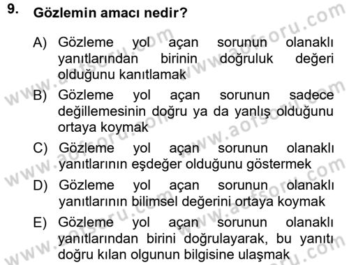 Bilim Felsefesi Dersi 2012 - 2013 Yılı (Vize) Ara Sınav Soruları 9. Soru