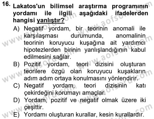 Bilim Felsefesi Dersi 2012 - 2013 Yılı (Final) Dönem Sonu Sınav Soruları 16. Soru