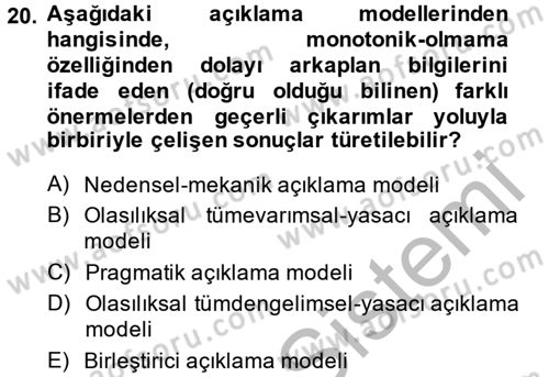 Bilim Felsefesi Dersi Ara Sınavı Deneme Sınav Soruları 20. Soru