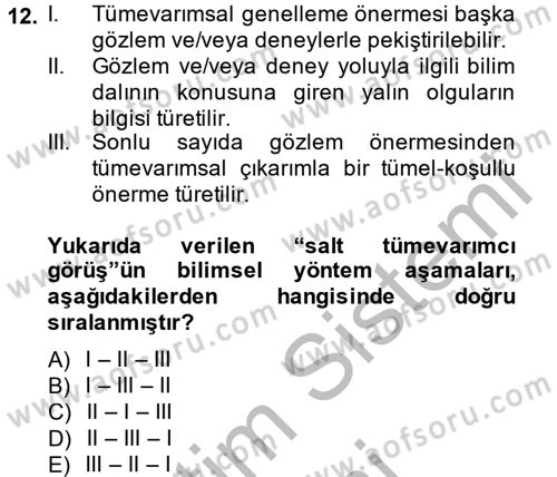 Bilim Felsefesi Dersi 2013 - 2014 Yılı (Final) Dönem Sonu Sınav Soruları 12. Soru