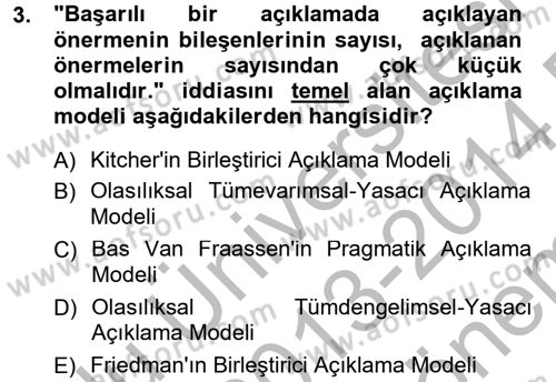 Bilim Felsefesi Dersi 2013 - 2014 Yılı (Final) Dönem Sonu Sınav Soruları 3. Soru