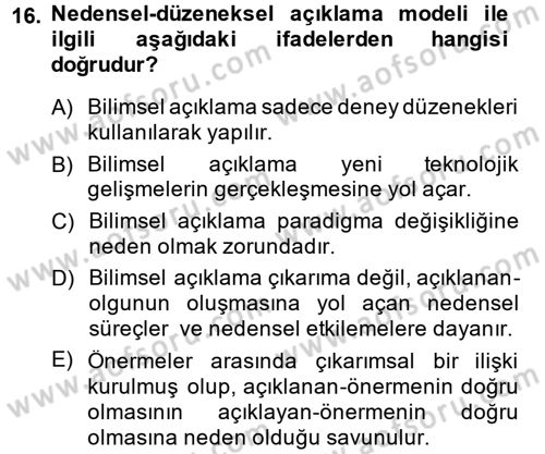 Bilim Felsefesi Dersi Ara Sınavı Deneme Sınav Soruları 16. Soru