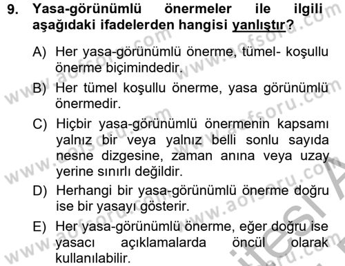 Bilim Felsefesi Dersi 2014 - 2015 Yılı (Final) Dönem Sonu Sınav Soruları 9. Soru