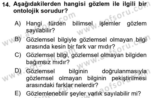 Bilim Felsefesi Dersi Ara Sınavı Deneme Sınav Soruları 14. Soru