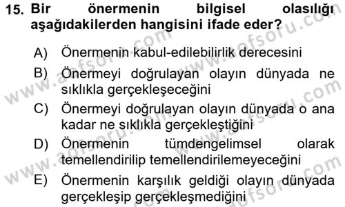 Bilim Felsefesi Dersi Ara Sınavı Deneme Sınav Soruları 15. Soru
