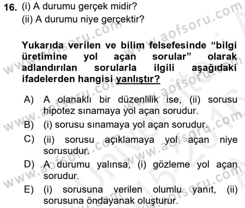 Bilim Felsefesi Dersi Ara Sınavı Deneme Sınav Soruları 16. Soru