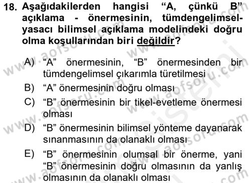 Bilim Felsefesi Dersi 2015 - 2016 Yılı (Vize) Ara Sınav Soruları 18. Soru