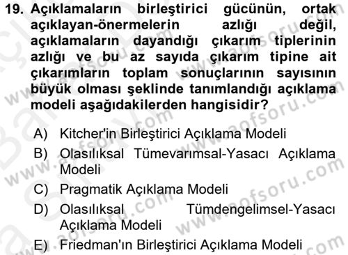 Bilim Felsefesi Dersi 2015 - 2016 Yılı (Vize) Ara Sınav Soruları 19. Soru