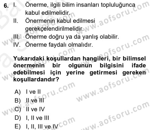 Bilim Felsefesi Dersi Ara Sınavı Deneme Sınav Soruları 6. Soru