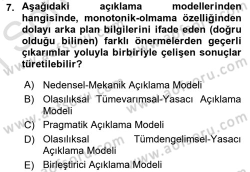 Bilim Felsefesi Dersi 2015 - 2016 Yılı (Final) Dönem Sonu Sınav Soruları 7. Soru